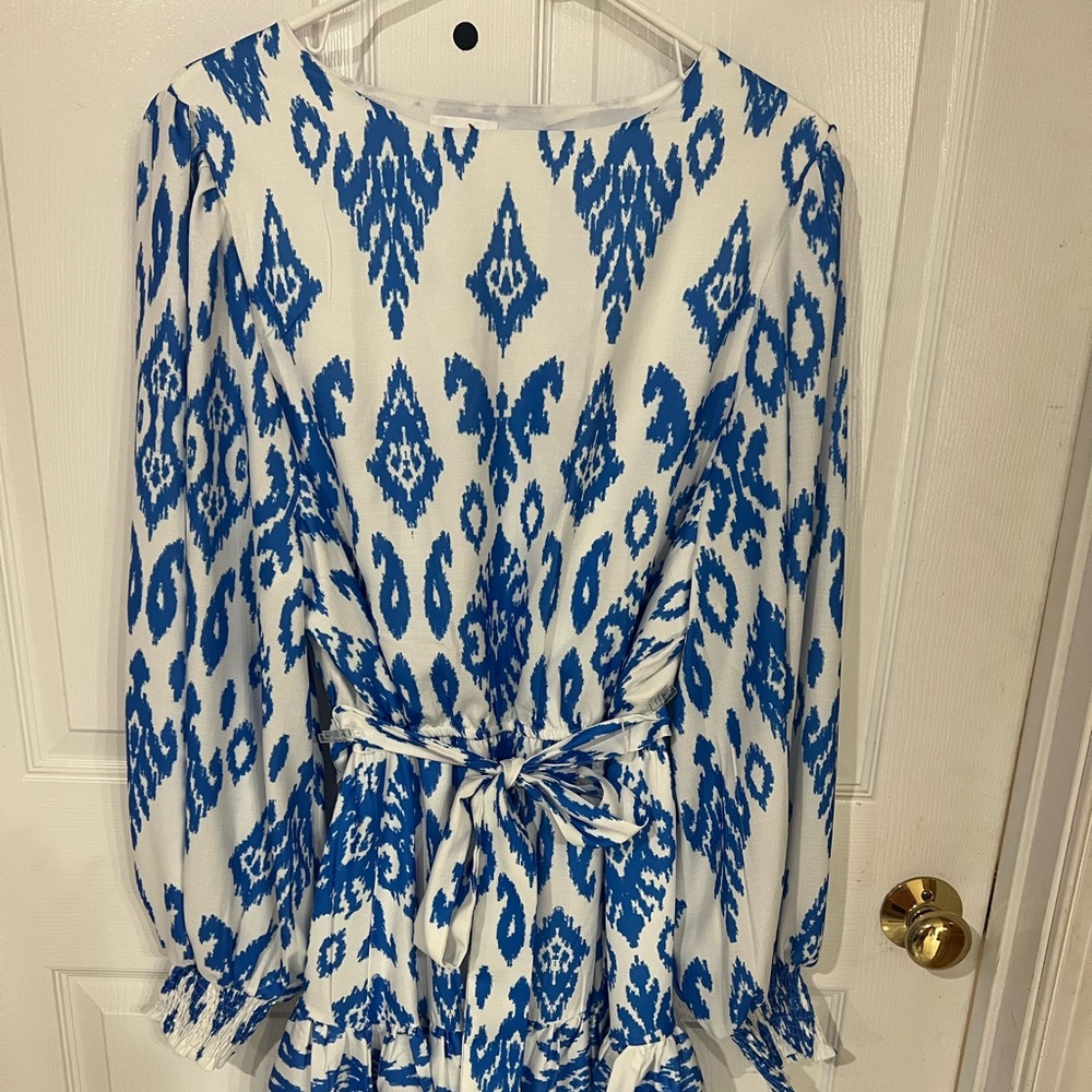 Blue and White Patterned Midi Dress